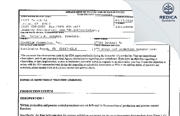 FDA 483 - PRESTIGE COSMETICS, INC. [Huntington Beach California / United States of America] - Download PDF - Redica Systems