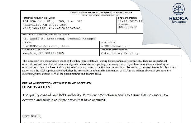 FDA 483 - PharMEDium Services, LLC. [Memphis / United States of America] - Download PDF - Redica Systems