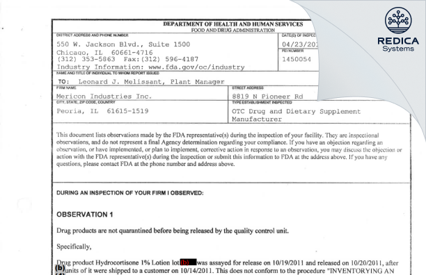 FDA 483 - MERICON INDUSTRIES, INC. [Peoria / United States of America] - Download PDF - Redica Systems