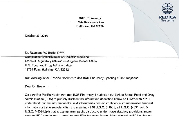 FDA 483 Response - BBS Pharmacy, Inc. dba B&B Pharmacy [Bellflower / United States of America] - Download PDF - Redica Systems