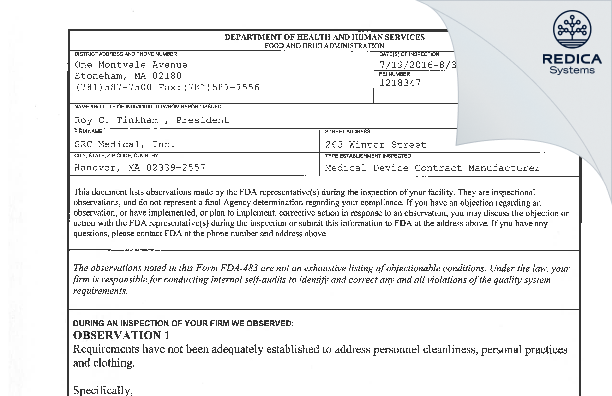 FDA 483 - SRC Medical, Inc. [Hanover / United States of America] - Download PDF - Redica Systems