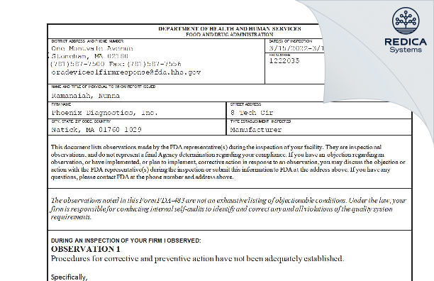 FDA 483 - Phoenix Diagnostics, Inc. [Natick / United States of America] - Download PDF - Redica Systems