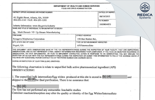 FDA 483 - Alexion Pharmaceuticals Inc [Bogart / United States of America] - Download PDF - Redica Systems