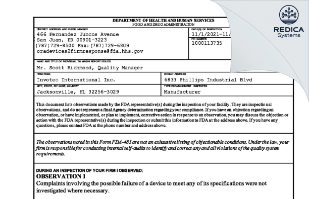 FDA 483 - Invotec International Inc. [Jacksonville / United States of America] - Download PDF - Redica Systems