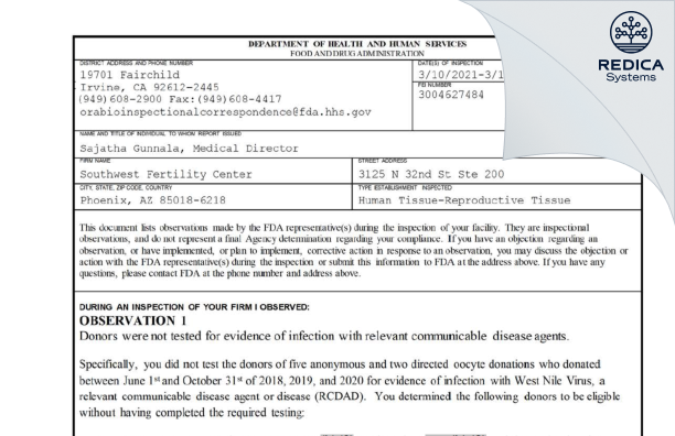 FDA 483 - Southwest Fertility Center [Phoenix / United States of America] - Download PDF - Redica Systems