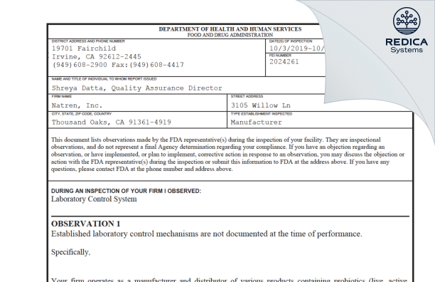 FDA 483 - Natren Inc. [Westlake Village California / United States of America] - Download PDF - Redica Systems