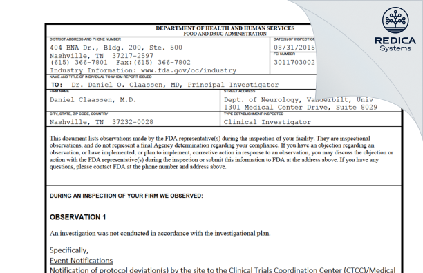 FDA 483 - Daniel Claassen, M.D. [Nashville / United States of America] - Download PDF - Redica Systems