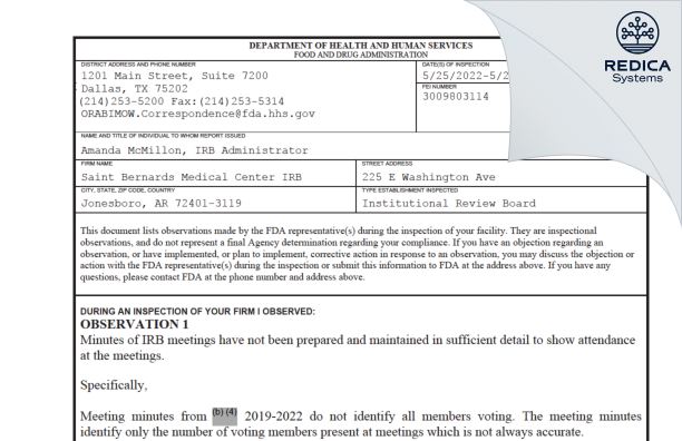 FDA 483 - Saint Bernards Medical Center IRB [Jonesboro / United States of America] - Download PDF - Redica Systems