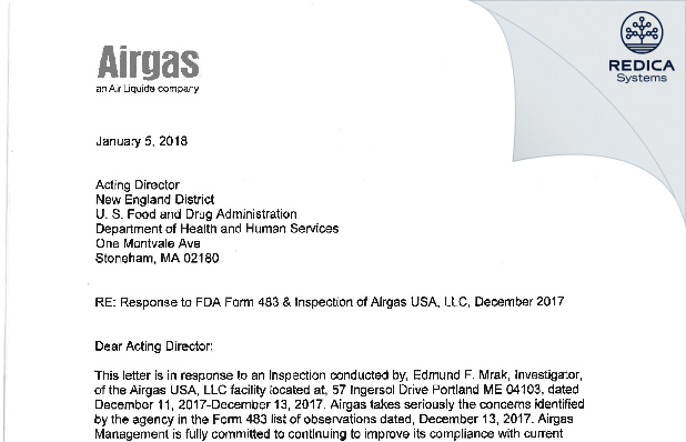 FDA 483 Response - Airgas Usa, LLC [Portland / United States of America] - Download PDF - Redica Systems