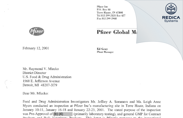 FDA 483 Response - Pfizer Inc [Terre Haute / United States of America] - Download PDF - Redica Systems