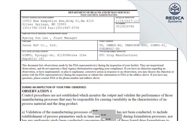 FDA 483 - Dasan E&T Co., Ltd. [- / -] - Download PDF - Redica Systems