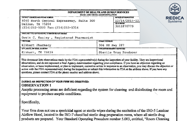 FDA 483 - Elkhart Pharmacy [Elkhart / United States of America] - Download PDF - Redica Systems
