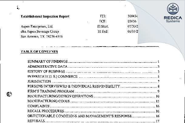EIR - Aspen Enterprises, Ltd. [San Antonio / United States of America] - Download PDF - Redica Systems