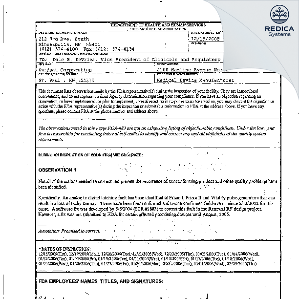 FDA 483 - Boston Scientific Corporation [Saint Paul / United States of America] - Download PDF - Redica Systems