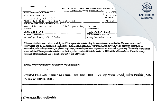 FDA 483 - Cima Labs, Inc. [Brooklyn Park / United States of America] - Download PDF - Redica Systems