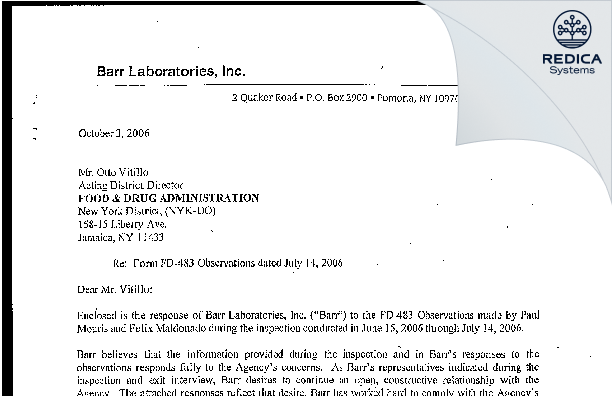 FDA 483 Response - Barr Laboratories Inc. [Pomona / United States of America] - Download PDF - Redica Systems