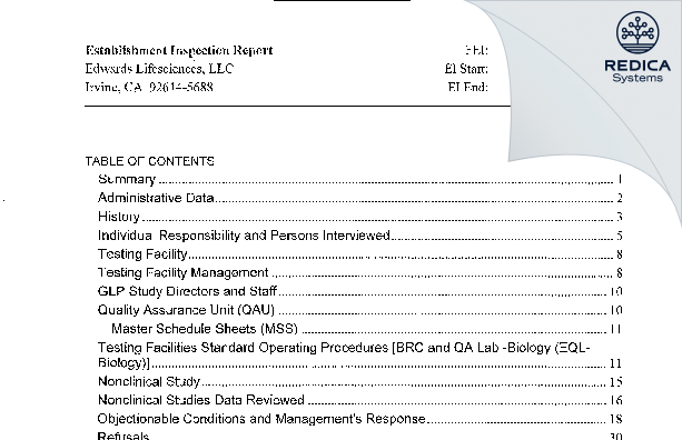 EIR - Edwards Lifesciences, LLC [Irvine / United States of America] - Download PDF - Redica Systems