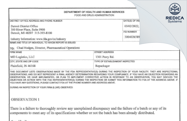FDA 483 - MD Logistics, LLC [Plainfield / United States of America] - Download PDF - Redica Systems