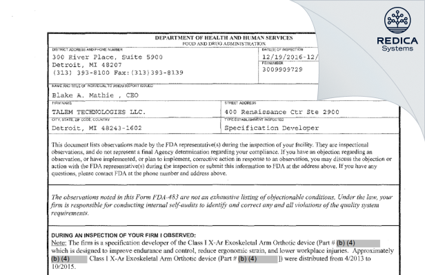 FDA 483 - TALEM TECHNOLOGIES LLC. [Detroit / United States of America] - Download PDF - Redica Systems