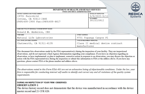 FDA 483 - Natural Life Laboratories [Chatsworth / United States of America] - Download PDF - Redica Systems