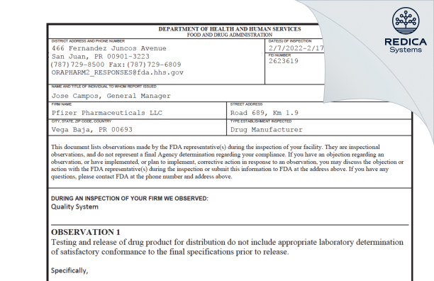 FDA 483 - Viatris Pharmaceuticals LLC [Rico / United States of America] - Download PDF - Redica Systems