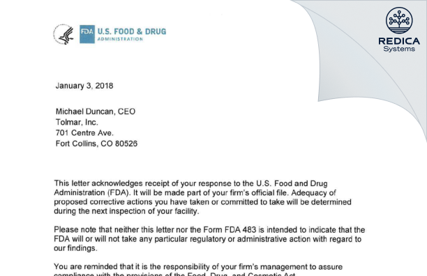 FDA 483 Response - TOLMAR INC [Fort Collins / United States of America] - Download PDF - Redica Systems