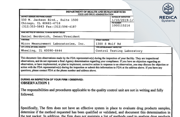 FDA 483 - Micro Measurement Laboratories, Inc. [Wheeling / United States of America] - Download PDF - Redica Systems