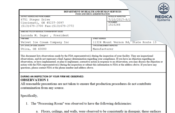 FDA 483 - Velvet Ice Cream Company [Utica / United States of America] - Download PDF - Redica Systems