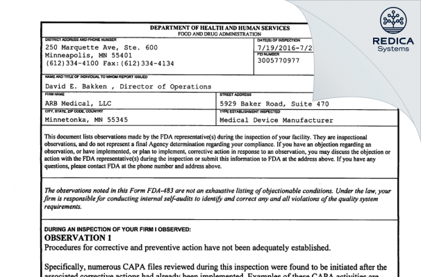 FDA 483 - ARB Medical, LLC [Minnetonka / United States of America] - Download PDF - Redica Systems
