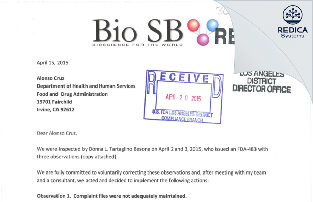 FDA 483 Response - BIO SB Inc [Goleta / United States of America] - Download PDF - Redica Systems