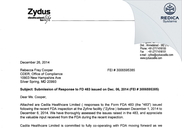 FDA 483 Response - ZYDUS LIFESCIENCES LIMITED [India / India] - Download PDF - Redica Systems