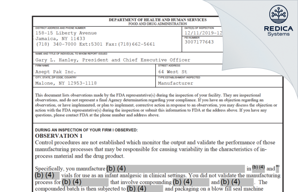 FDA 483 - Asept Pak Inc. [Malone / United States of America] - Download PDF - Redica Systems
