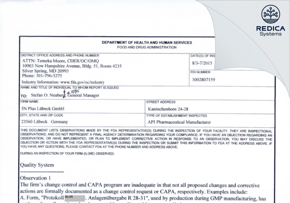 FDA 483 - 5N Plus Lübeck GmbH [Lübeck / Germany] - Download PDF - Redica Systems