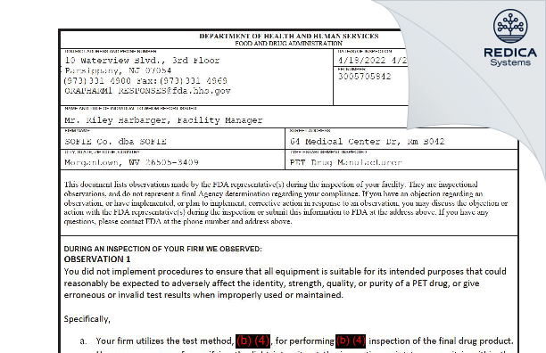 FDA 483 - SOFIE Co. dba SOFIE [Morgantown / United States of America] - Download PDF - Redica Systems