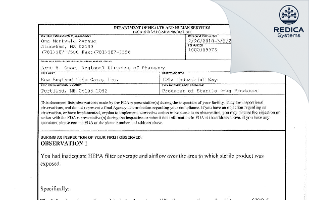 FDA 483 - New England Life Care, Inc. [Portland / United States of America] - Download PDF - Redica Systems