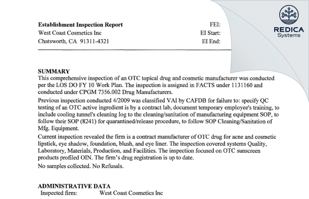 EIR - West Coast Cosmetics, Inc. [Chatsworth California / United States of America] - Download PDF - Redica Systems