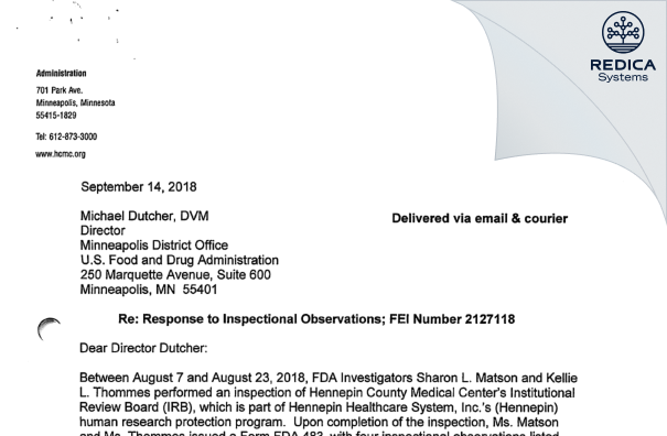 FDA 483 Response - Human Subjects Research Committee [Minneapolis / United States of America] - Download PDF - Redica Systems
