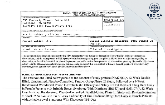 FDA 483 - Martin Valdes, M.D. [Hialeah / United States of America] - Download PDF - Redica Systems