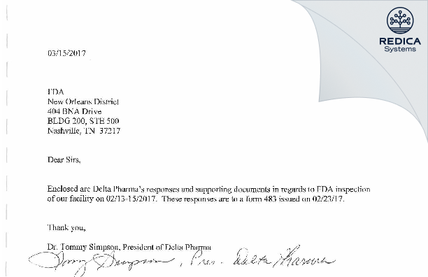 FDA 483 Response - Delta Pharma, Inc. [Ripley / United States of America] - Download PDF - Redica Systems