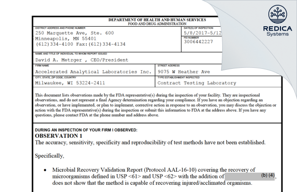FDA 483 - Accelerated Analytical [Milwaukee / United States of America] - Download PDF - Redica Systems