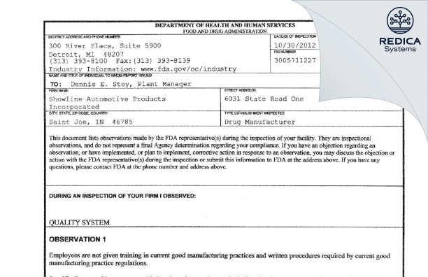 FDA 483 - Showline Automotive Products Incorporated [Saint Joe / United States of America] - Download PDF - Redica Systems