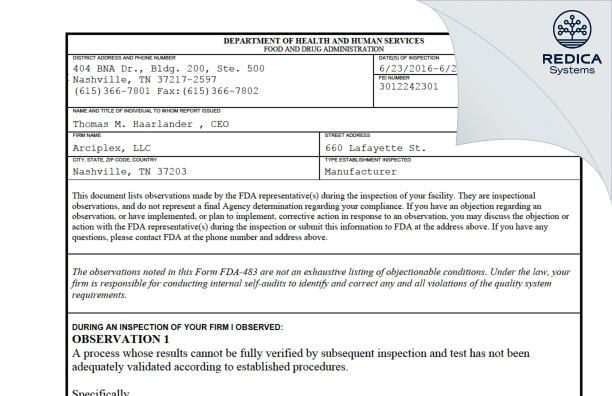 FDA 483 - Arciplex Llc [Nashville / United States of America] - Download PDF - Redica Systems