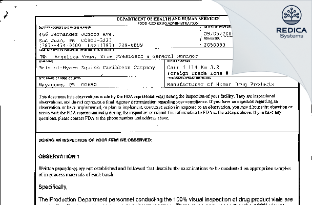 FDA 483 - Bristol Myers Squibb Caribbean Company [Mayaguez / United States of America] - Download PDF - Redica Systems