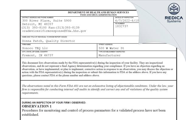 FDA 483 - Sonoco TEQ Llc [Fremont / United States of America] - Download PDF - Redica Systems