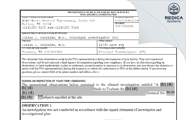 FDA 483 - Julian J. Gonzalez, M.D. [Houston / United States of America] - Download PDF - Redica Systems