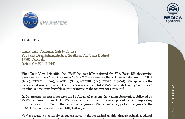 FDA 483 Response - Vitae Enim Vitae Scientific, Inc. [San Diego / United States of America] - Download PDF - Redica Systems