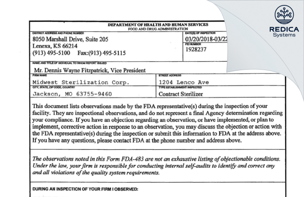 FDA 483 - Midwest Sterilization Corporation [Jackson / United States of America] - Download PDF - Redica Systems