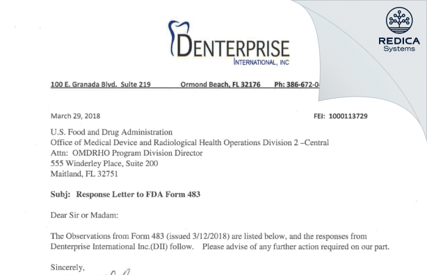 FDA 483 Response - Denterprise International, Inc. [Ormond Beach / United States of America] - Download PDF - Redica Systems