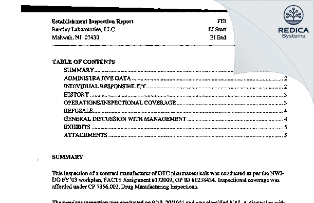 EIR - Bentley Laboratories, LLC [Jersey / United States of America] - Download PDF - Redica Systems