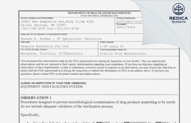 FDA 483 - Hospira Australia Pty Ltd [- / Australia] - Download PDF - Redica Systems